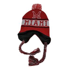 Miami Florida Beanie Hat 100% Acrylic Red & White W/Pom Pom and Strings